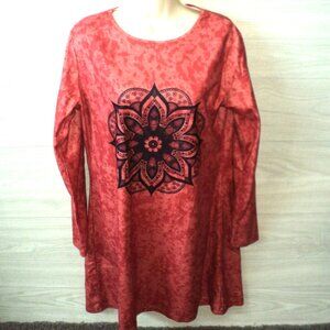 Women's Tunic Mini-Dress Size Large Long Sleeves Mandala Print Orange-Rust Camo